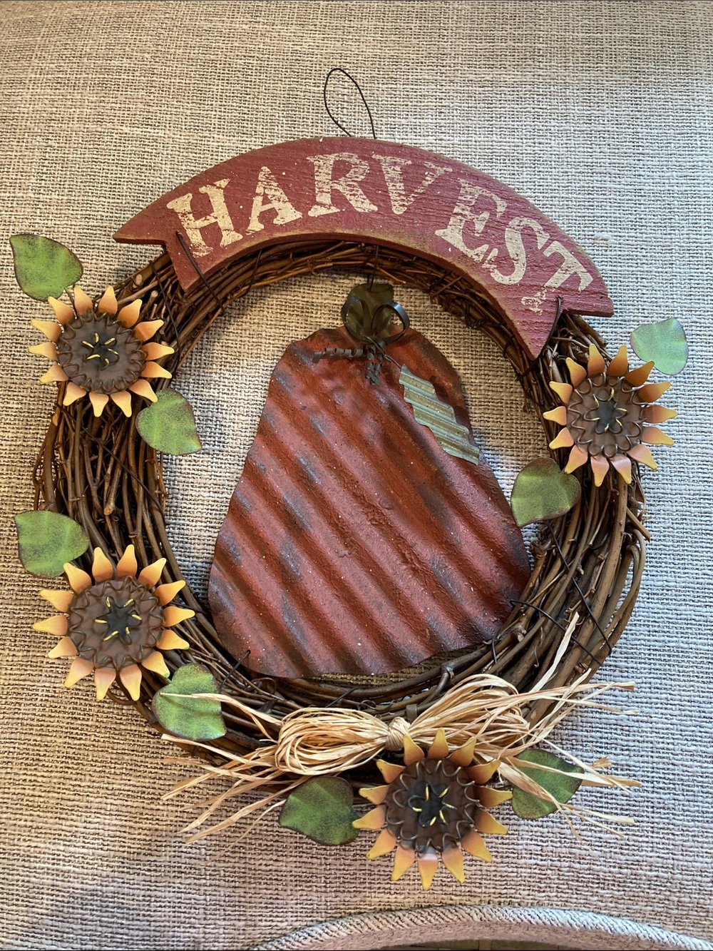 Harvest Grapevine Wreath with Red Metal Pumpkin and Sunflowers
